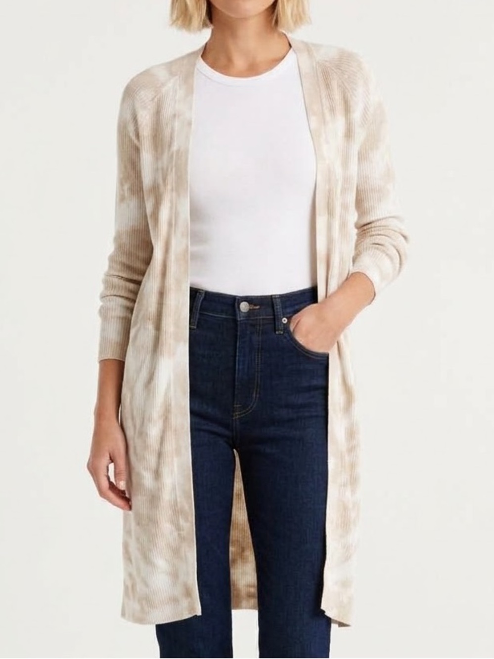 DEX Tie Dye Long Knit Open-Front Cardigan Sweater Cream Tan Size XS